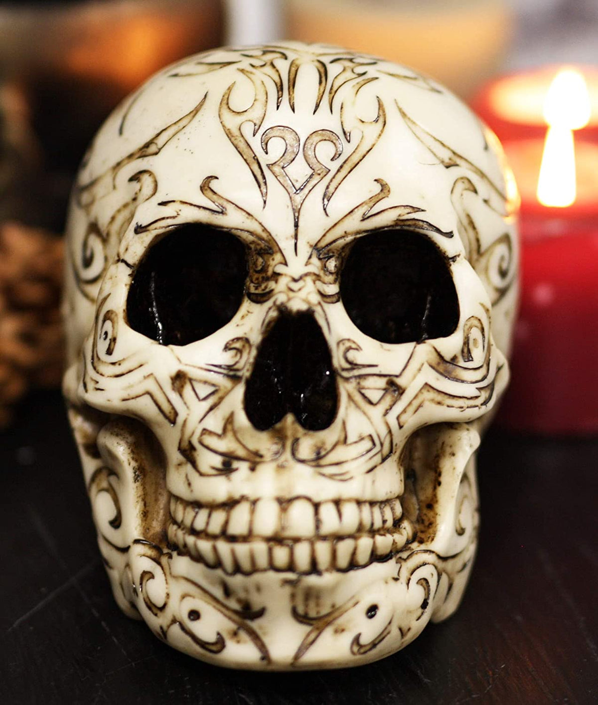 Ebros Bone Gothic Tribal Tattoo Phoenix Skull Figurine 6.5" Long Cranium Head