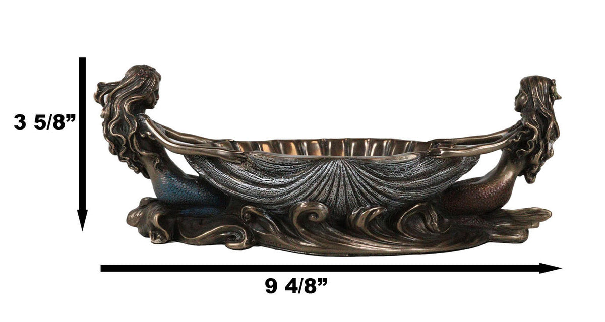 Ebros Coastal Decor Two Mermaids Soap Dish Figurine 9.75"Long Twin Mermaids With Oyster Shell Jewelry Dish