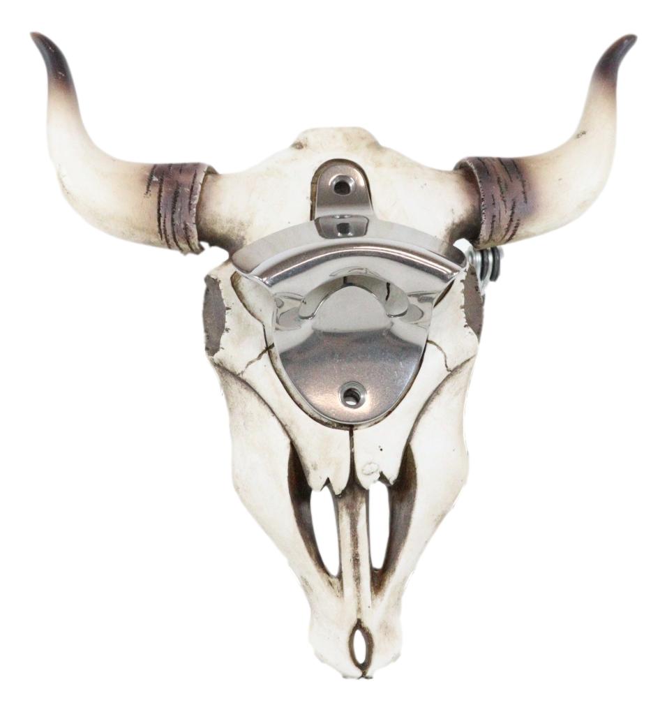 Rustic Western Horned Cow Skull Skeleton Wall Mounted Soda Beer Bottle Opener - Ebros Gift