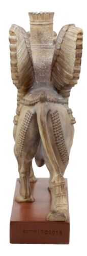 Assyrian Bull Lamassu Statue 8.5"L Decorative Shedu On Wooden Pedestal Figurine