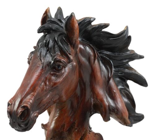 Wild Stallion Horse Bust Statue 11"H Resin Decor In Faux Wood Dark Mahogany