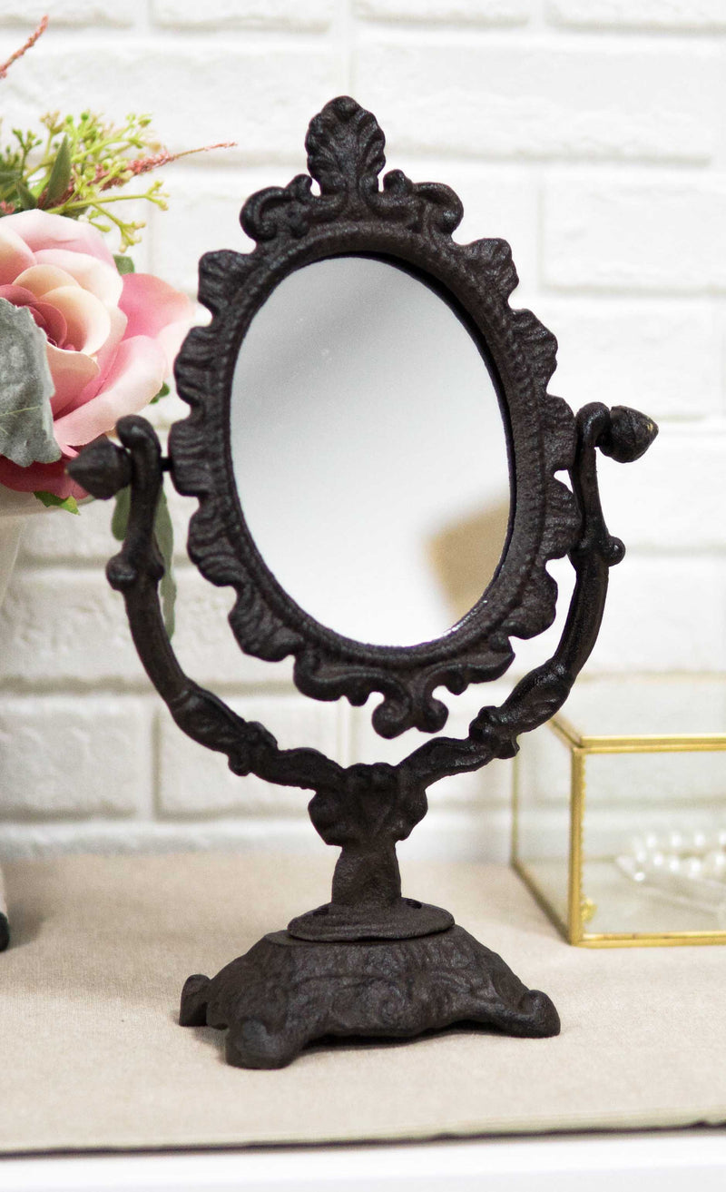Cast Iron Rustic Vintage Heirloom Style Small Tabletop Oval Vanity Mirror Decor