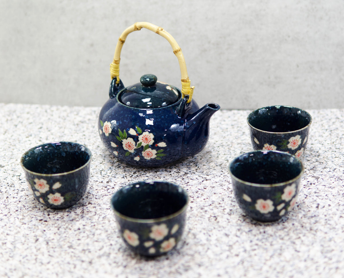 Japanese Sakura Cherry Blossom Flowers Navy Blue Ceramic Tea Pot With 4 Cups Set - Ebros Gift