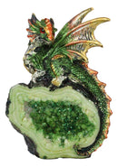 Metallic Green Iridescent Wyrmling Dragon On Faux Geode Crystal Rock Figurine