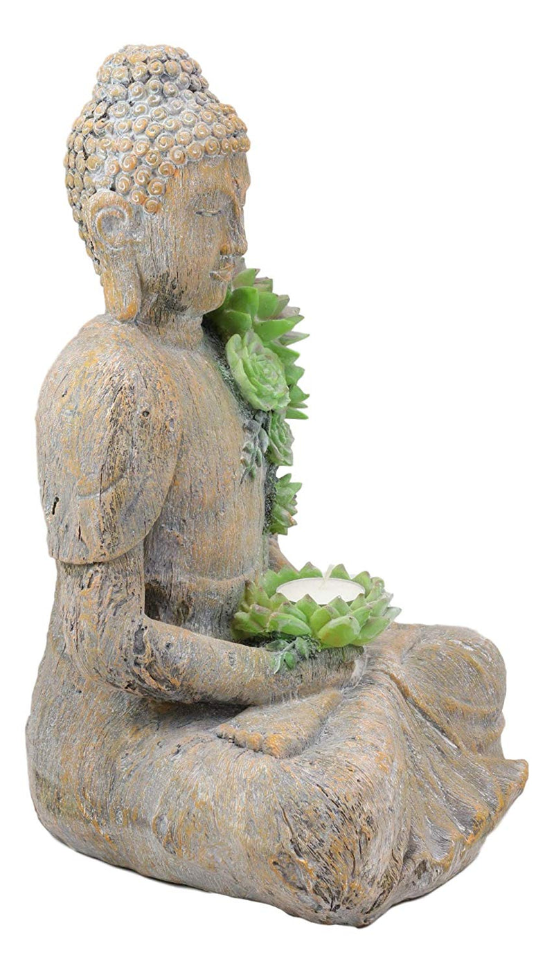 Ebros Meditating Shakyamuni Buddha Gautama with Ushnisha Head and Floral Succulents Lotus Votive Tea Light Candle Holder Statue 13" H in Faux Stone Finish Buddhism Bodhisattva Feng Shui Zen Figurine