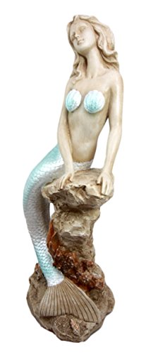 Ebros Gift Large Aquamarine Goddess Mermaid Maiden Sitting On Sea Rock Figurine 17.75"H