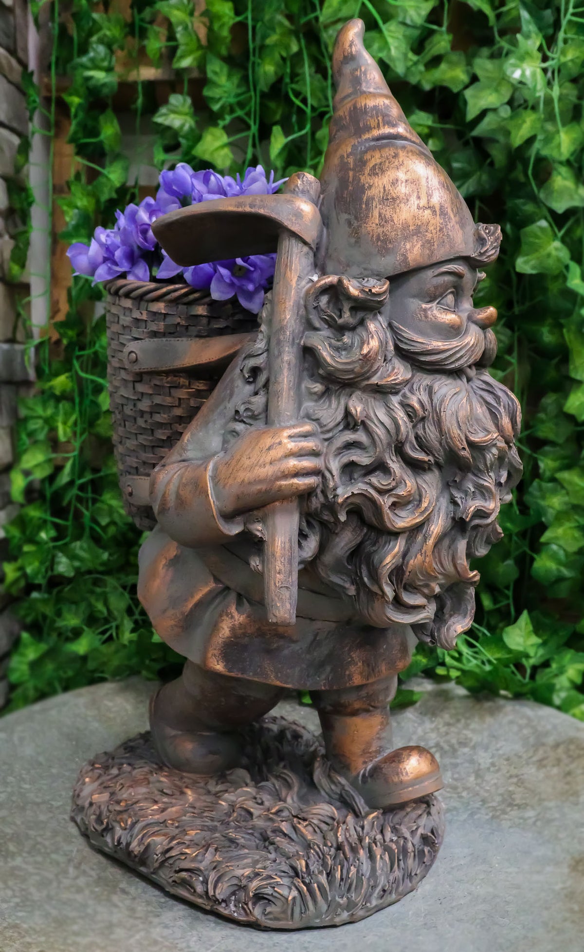 Hiking Garden Gnome With Spade And Wicker Basket Bag Floral Planter Vase Statue - Ebros Gift