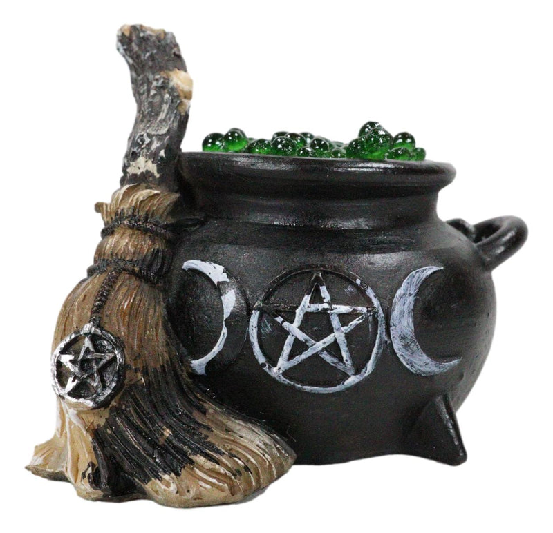 Wicca Triple Moon Goddess Pentagram LED Cauldron And Broomstick Mini Figurine