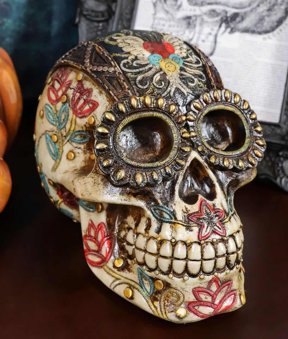 Day Of The Dead Floral Vines Embroidery Angel Wings Heart Motif Skull Figurine