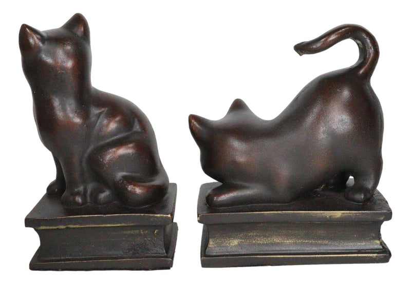 Sitting And Crouching Feline Cat Resin Bookends 7" Tall Abstract Cat Statue Set