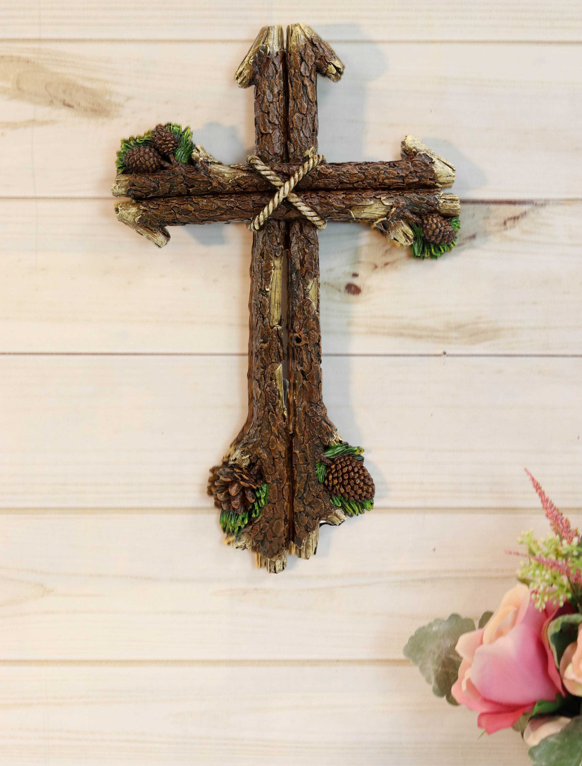 Rustic Western Rugged Tree Logs With Festive Pine Cones Wall Cross Decor Plaque