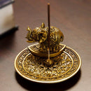 Feng Shui Golden Elephant With Trunk Up Lotus Padma Incense Burner Dish Figurine