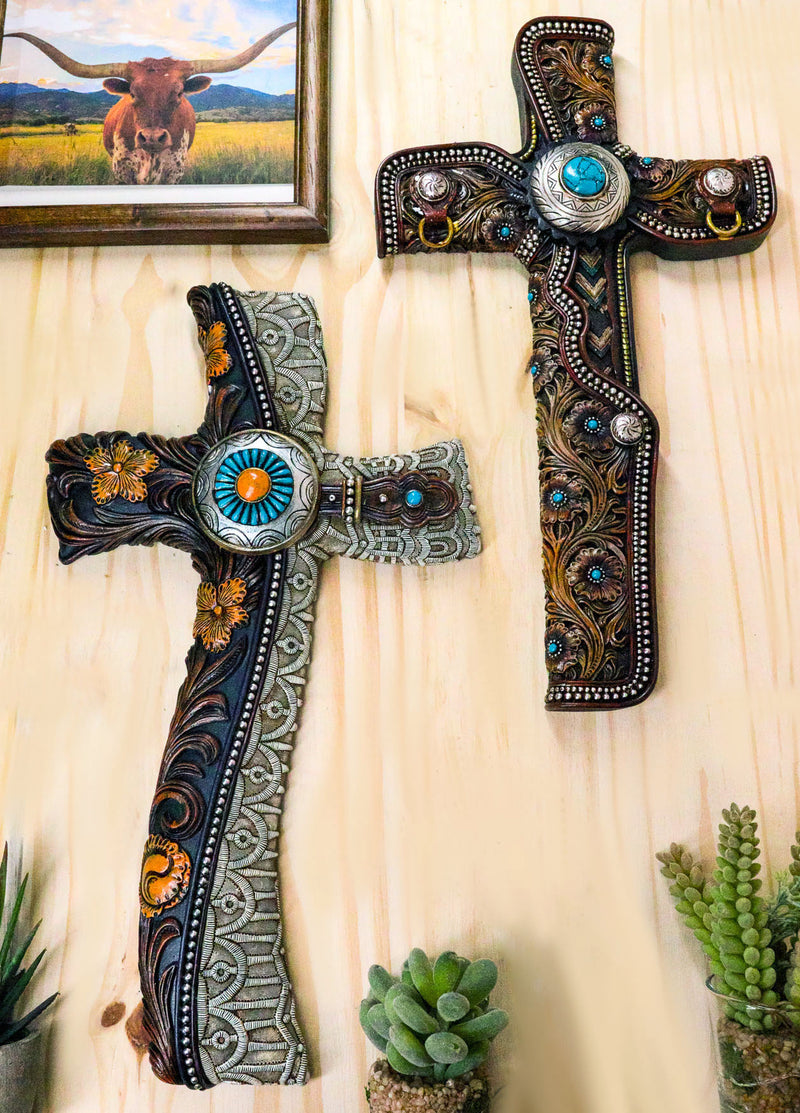 Pack Of 2 Rustic Western Floral Scroll Conchos Faux Tolled Leather Wall Crosses