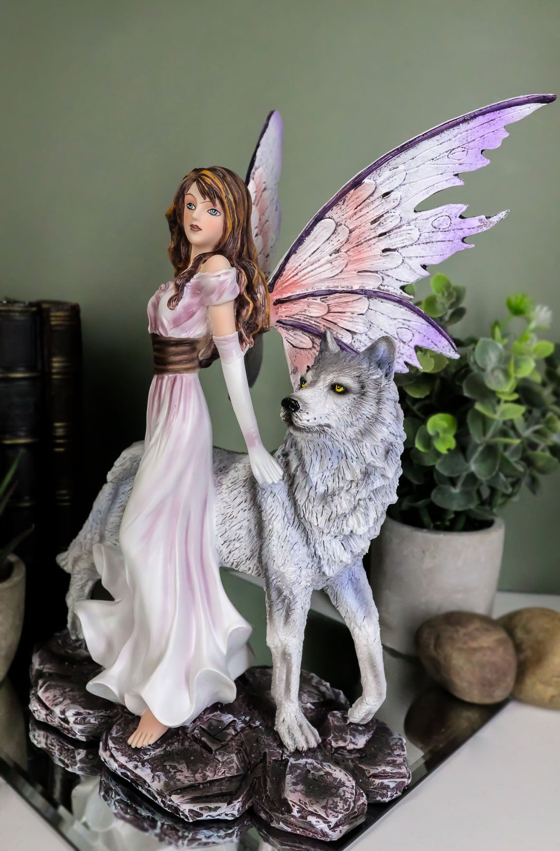 Ebros Purple Winged Fairy Diana with Alpha Snow Direwolf Wolf Statue 10" Tall