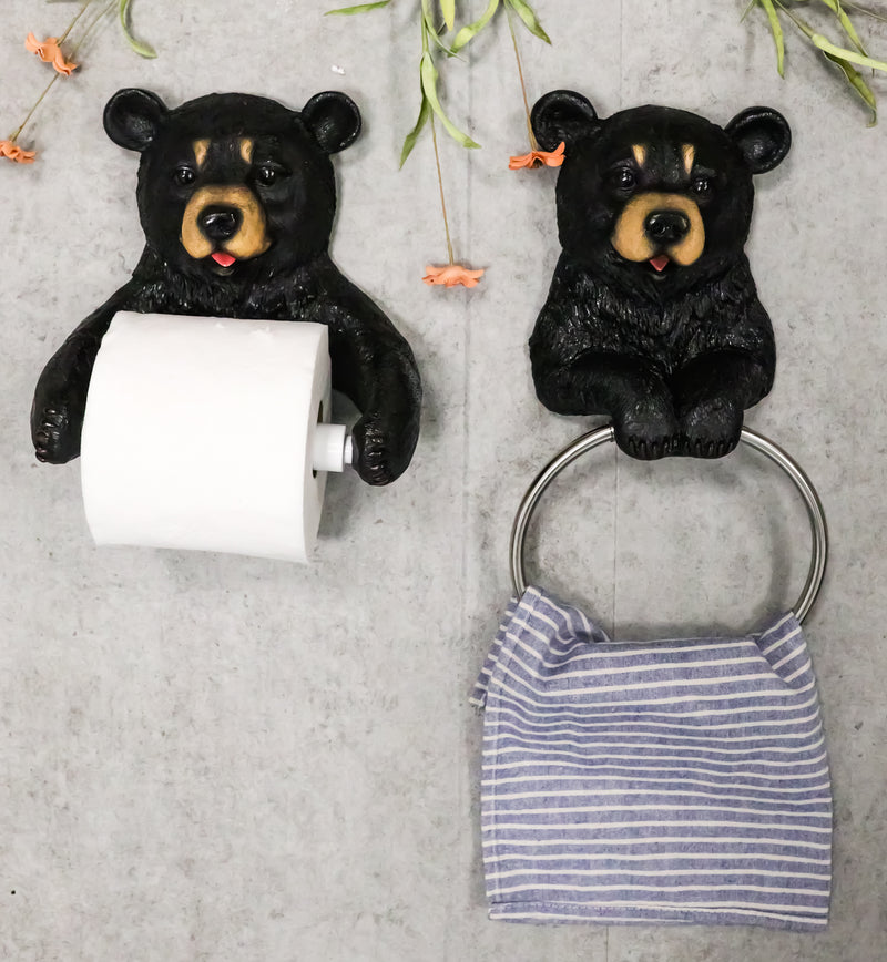 Ebros Whimsical Black Bear Toilet Paper and Hand Towel Holder Set Bathroom Decor