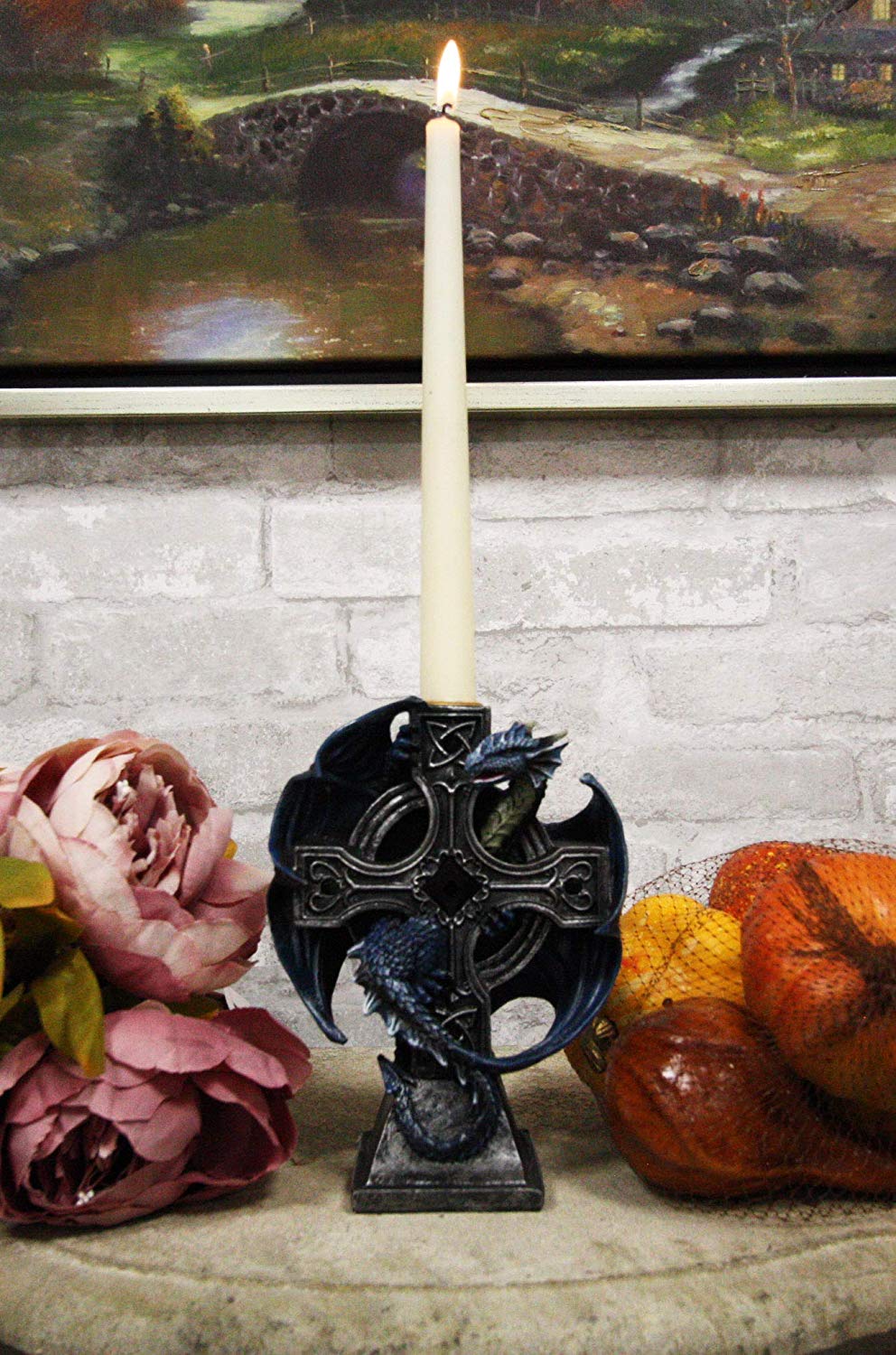 Ebros Gothic Blue Thracian Dragon Altar Drake Cross Candle Holder Figurine 7" Tall Candleholder Statue Medieval Renaissance Fantasy Decor Dungeons and Dragons Accent Centerpiece - Ebros Gift