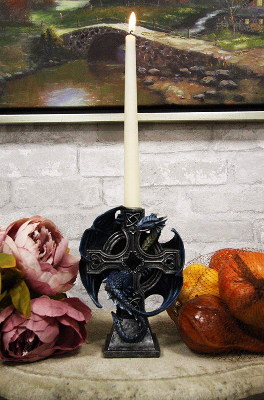 Ebros Gothic Blue Thracian Dragon Altar Drake Cross Candle Holder Figurine 7" Tall Candleholder Statue Medieval Renaissance Fantasy Decor Dungeons and Dragons Accent Centerpiece - Ebros Gift