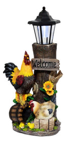 Country Farm Rooster Hen Chicks Family By Sunflowers Solar Light Lantern Statue