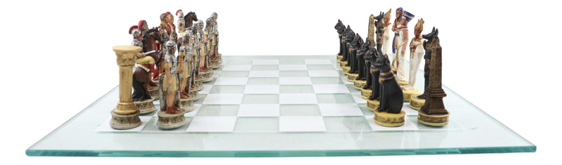 Ebros Pharaoh Egyptian VS Caesar Roman Empire Resin Chess Pieces W/ Glass Board