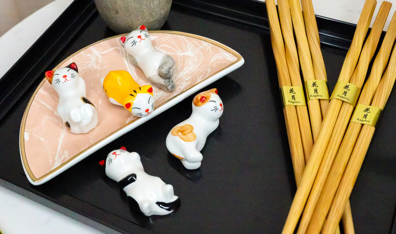 Colorful Calico Feline Kitty Cats Set of 5 Chopsticks And Flatware Holder Rests