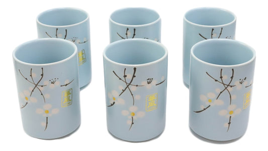 Pack Of 6 Japanese Sakura Cherry Blossom Pastel Light Blue Ceramic Tea Cups 10oz - Ebros Gift