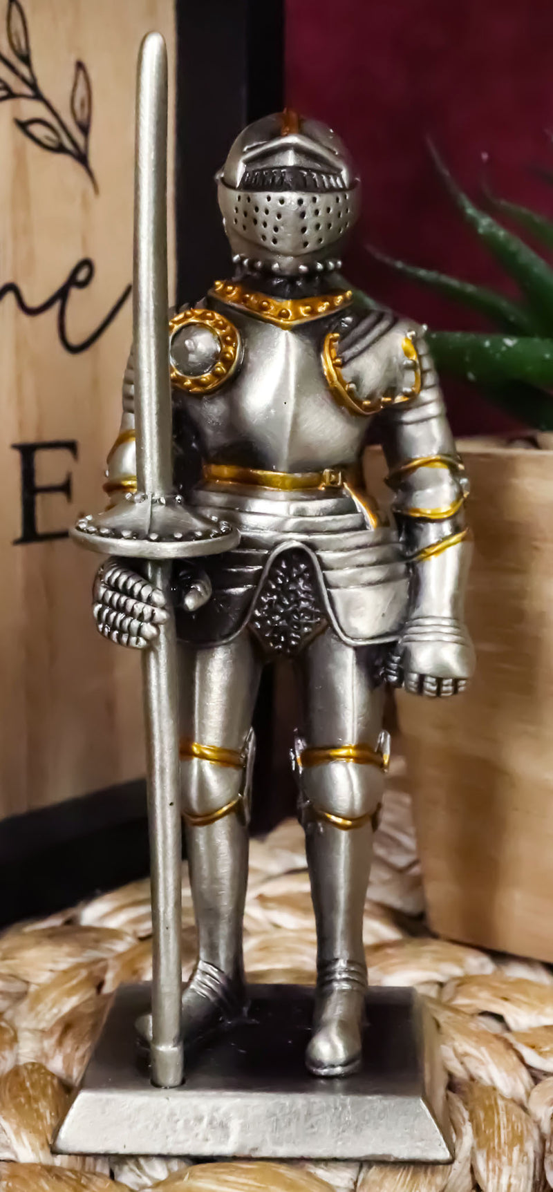 Ebros Pewter English Knight Statue 4" H Medieval Suit Of Armor Knight With Javelin Pole-arm Pewter Figurine Collectible