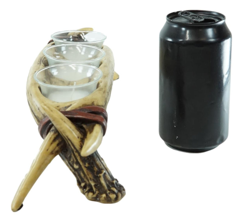 Rustic Buck Elk Deer Stag Entwined Bone Antlers 3 Votive Candles Holder Figurine