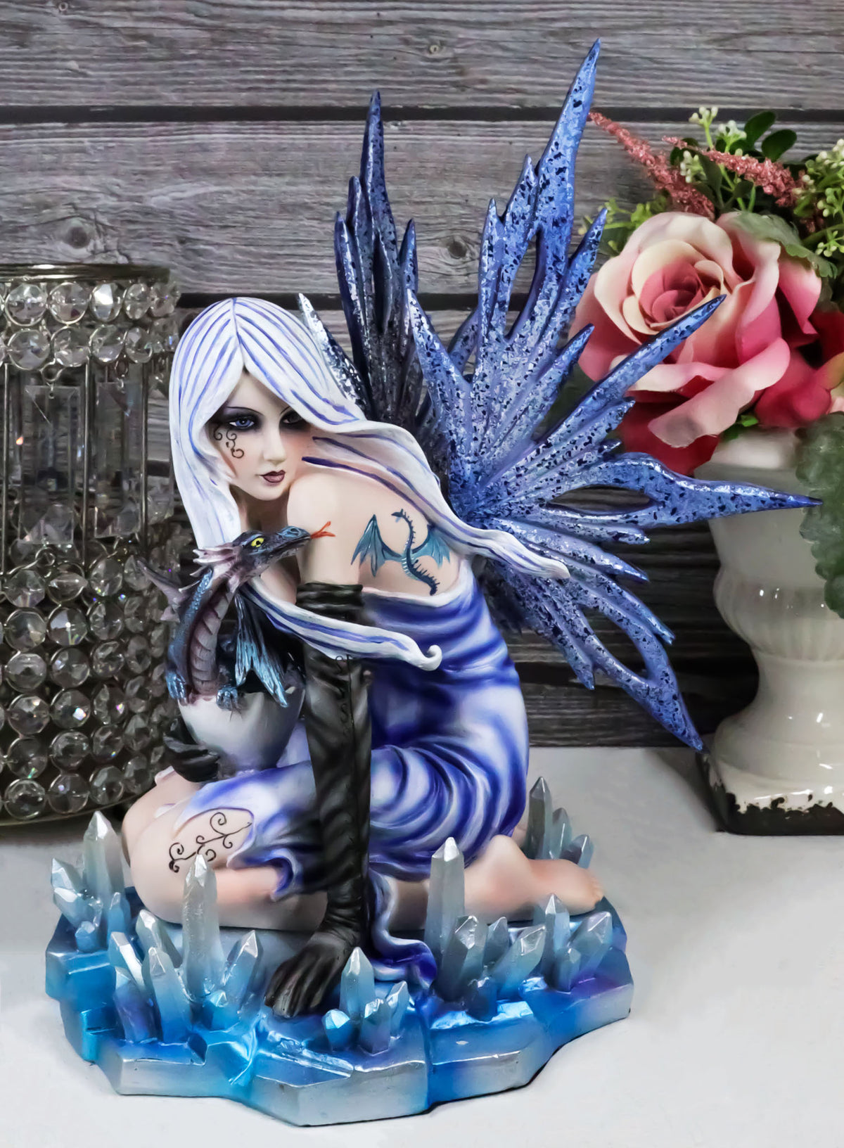 Elemental Ice Goddess Blue Fairy With Baby Dragon Hatchling Statue 12.25"Tall