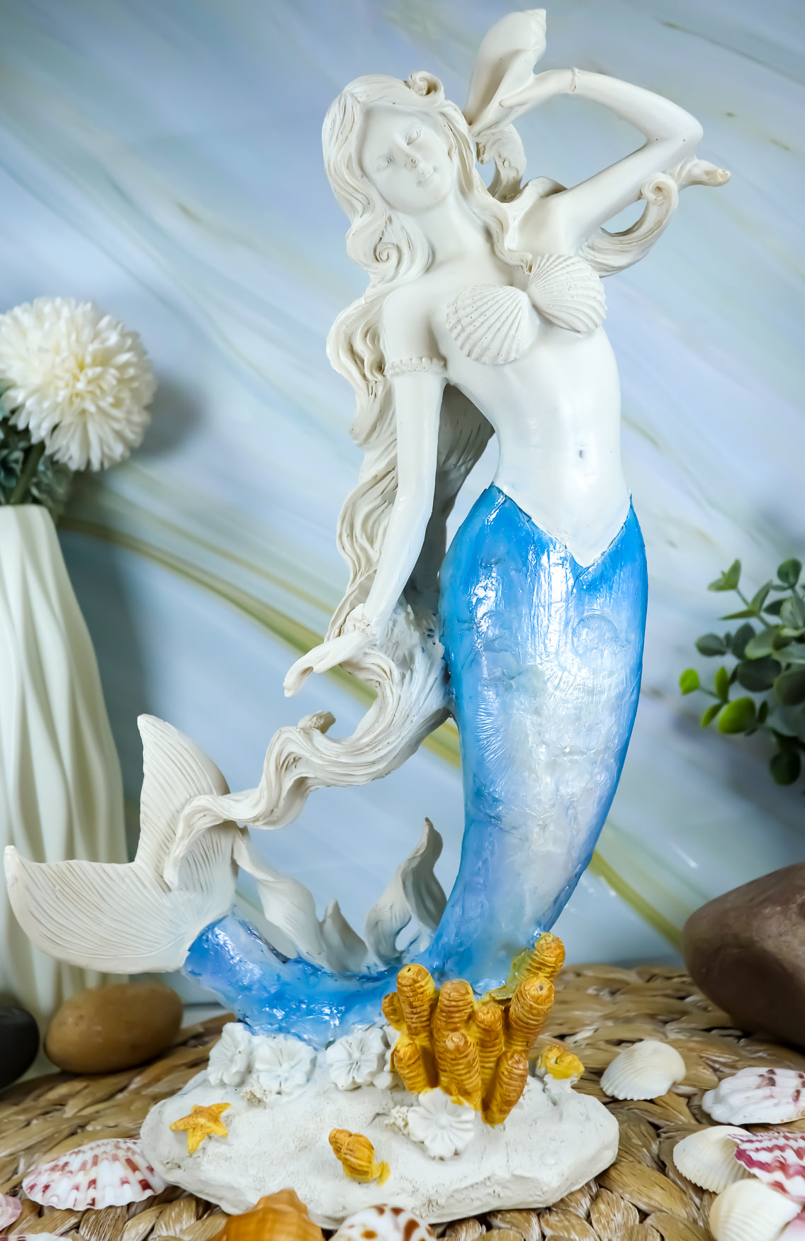 Ebros Capiz Blue Ombre Tail Mermaid With Conch Shell By Sea Coral Reef Statue