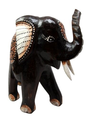 Balinese Wood Handicrafts Jungle Elephant With Eggskin Shells Figurine 10"H