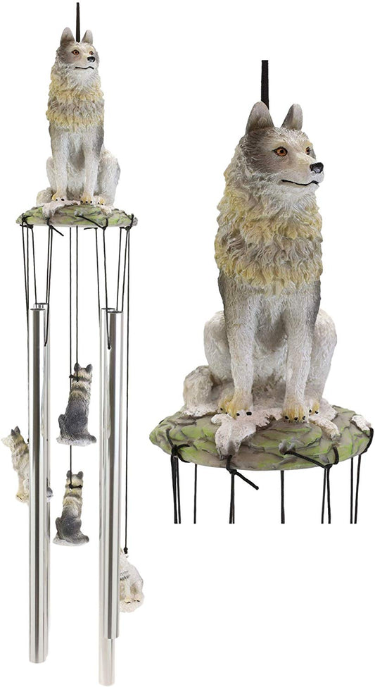 Ebros Gray Wolf Sculptural Wind Chime Resonant Relaxing Patio and Garden Chimes - Ebros Gift