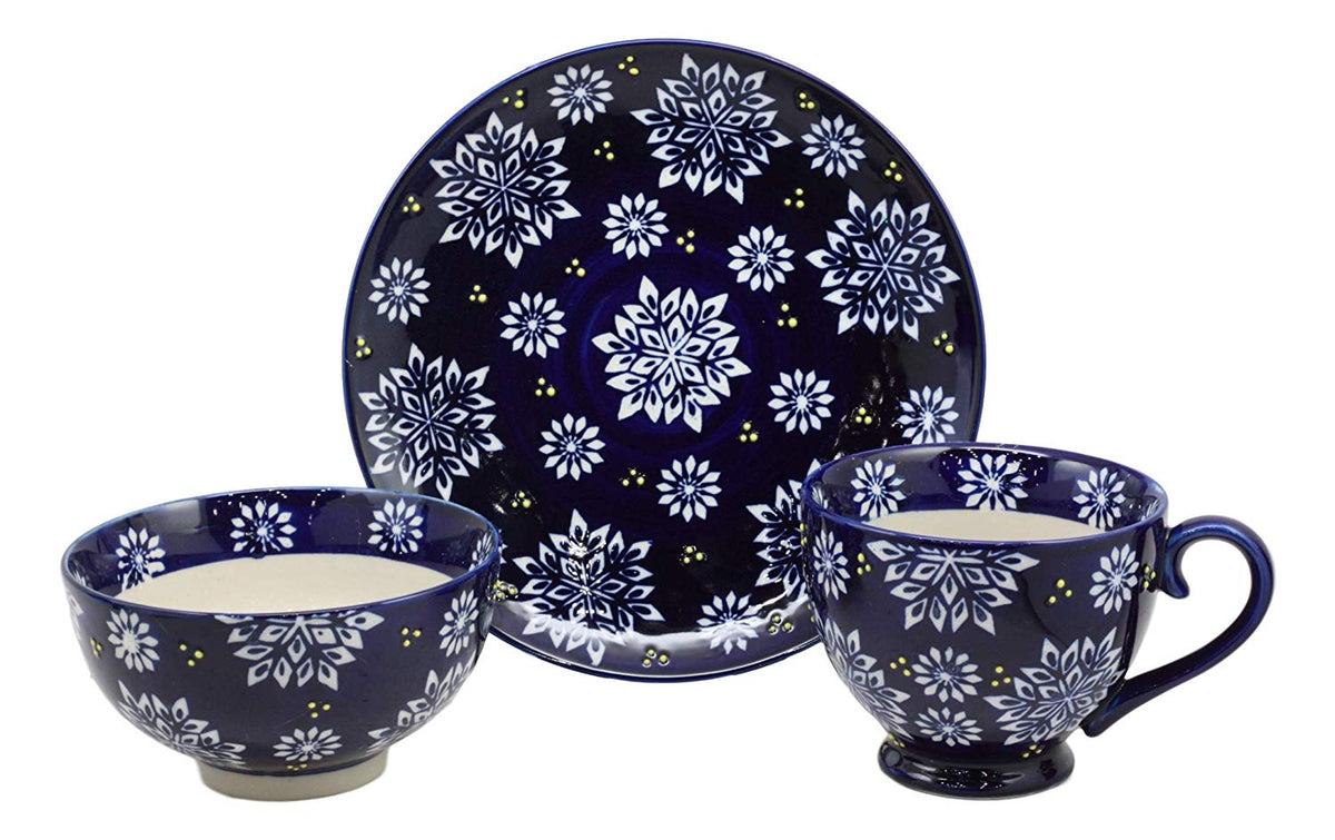 Ebros Blue Frozen Flakes Contemporary Designer Ceramic Dinnerware Bowl Mug Plate Set