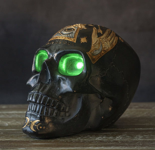 Green LED Eyes Black Sacred Symbols Wicca Pagan Triple Moon Evil Eye Skull