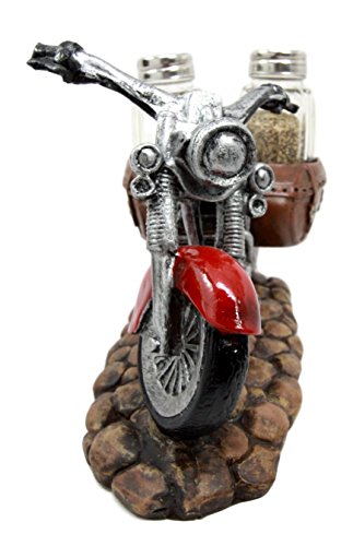Old Retro Red Chopper Motorcycle Bike Glass Salt Pepper Shakers Holder7.5"L