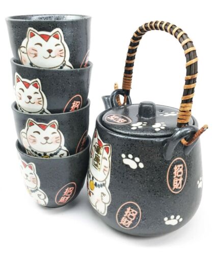 Ebros Japanese Maneki Neko Cat Black Tea Set Pot and Cups Serves 4 Ceramic Decor