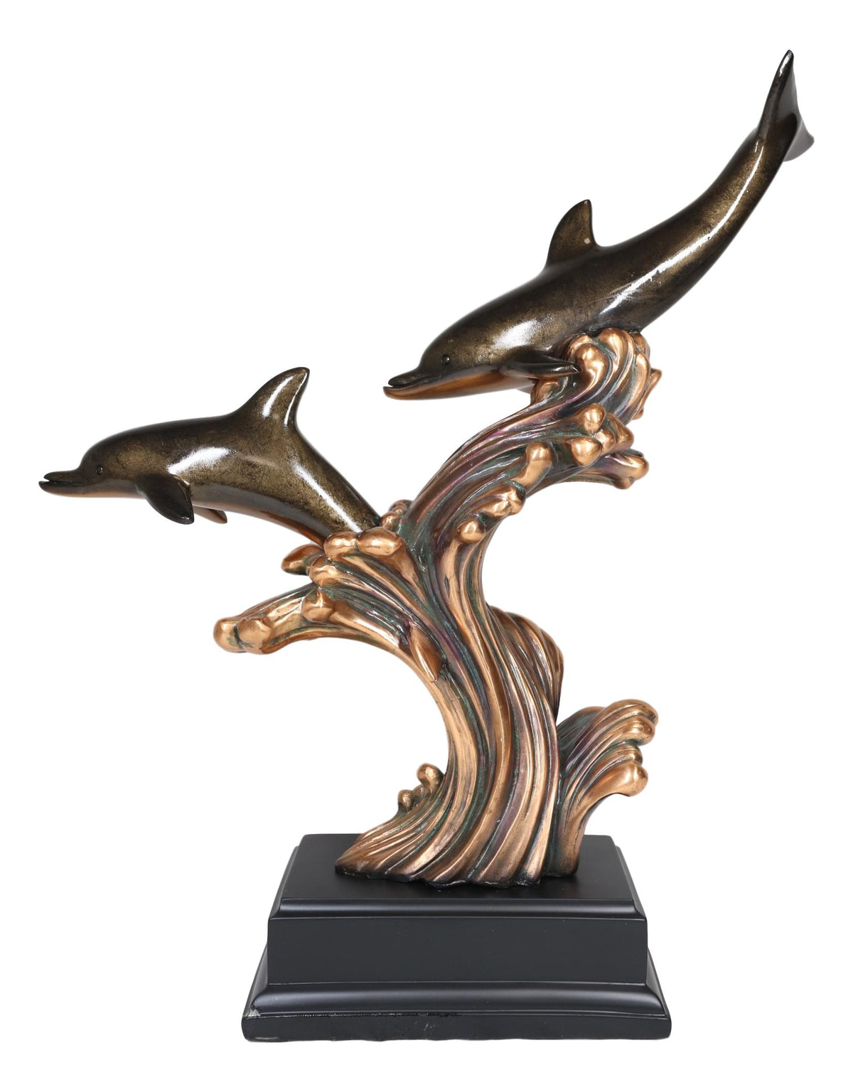 Ebros Nautical Marine 2 Dolphins Surfing Ocean Waves Electroplated Bronze Resin Statue - Ebros Gift