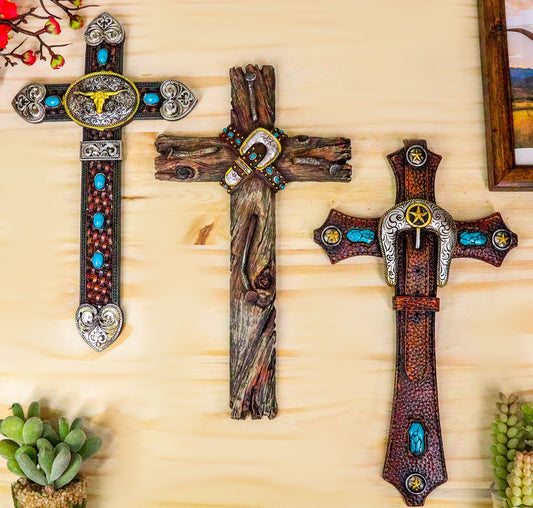 Set of 3 Rustic Western Turquoise Rocks Belt Buckle Conchos Wall Crosses Decor - Ebros Gift