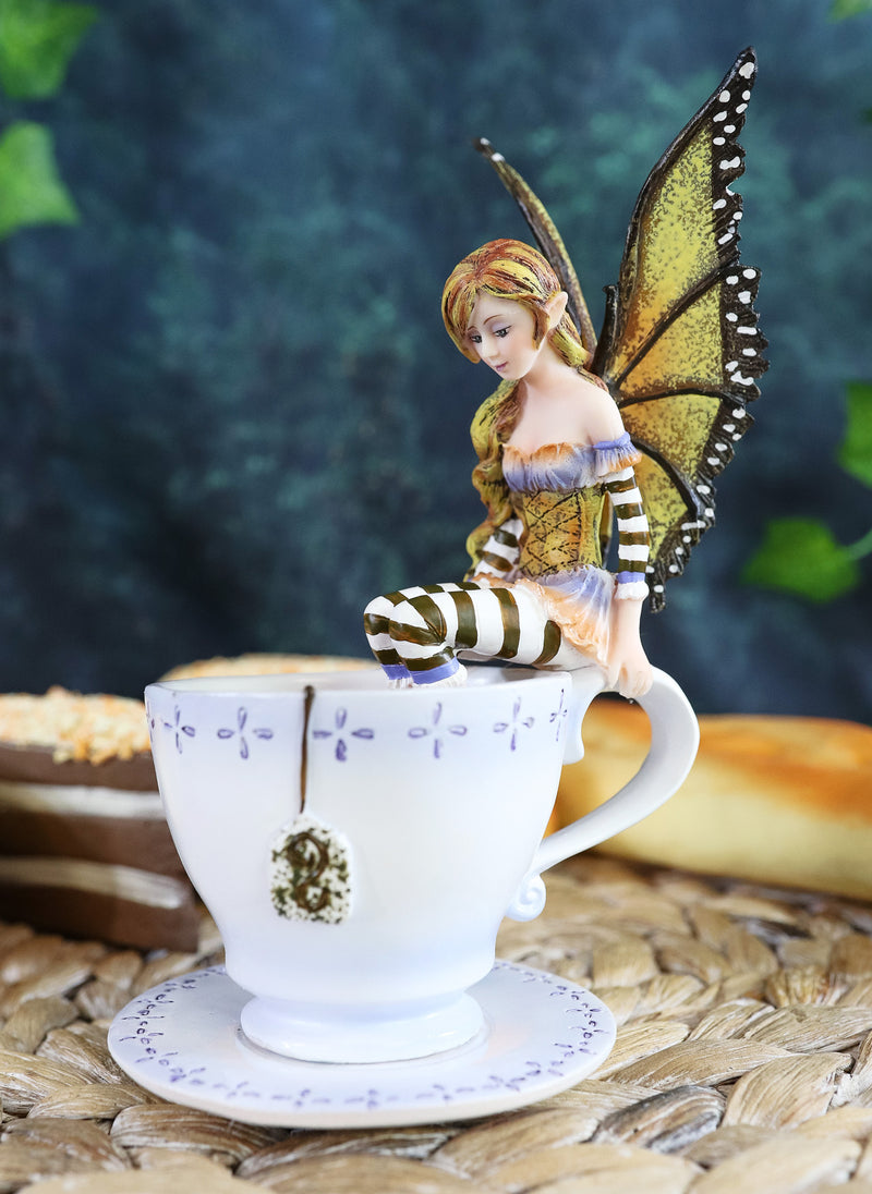 Ebros Amy Brown Fantasy Teacup Mocha Coffee Fairy Figurine Warm Toes 6.5"H