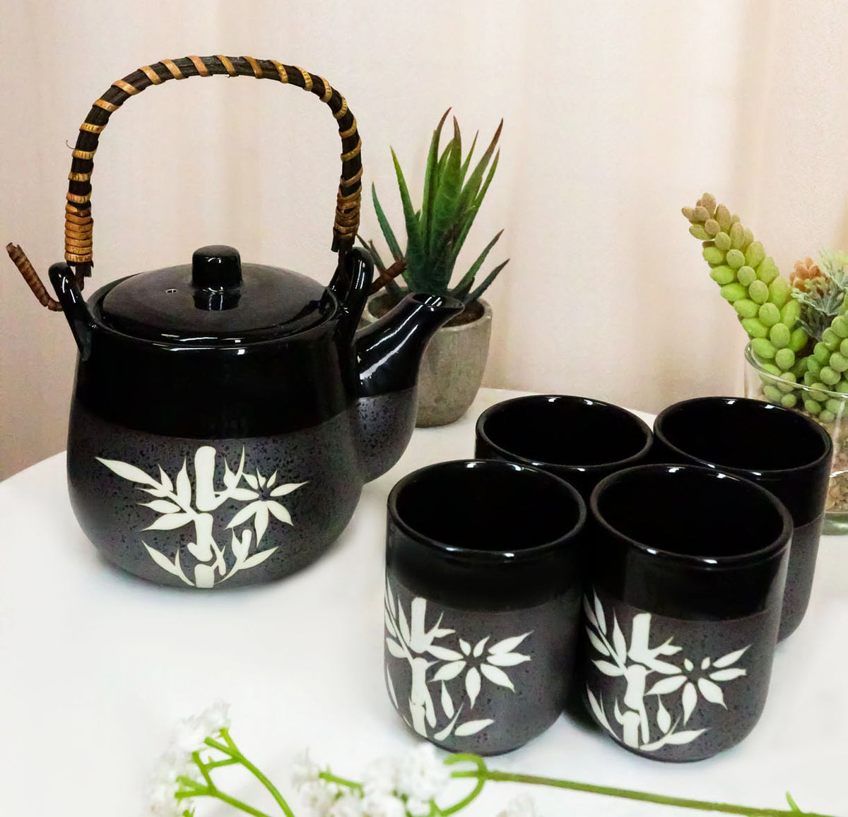 Charcoal Black Japanese Bamboo Grove Ceramic Tea Set Teapot And 4 Cups Drinkware - Ebros Gift