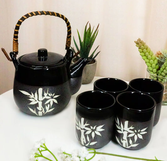 Charcoal Black Japanese Bamboo Grove Ceramic Tea Set Teapot And 4 Cups Drinkware - Ebros Gift