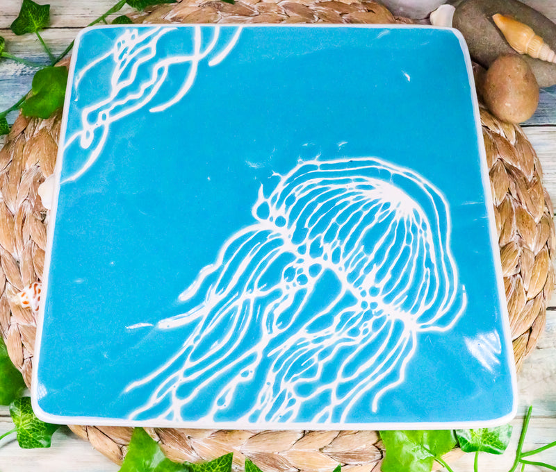 Ebros Nautical Jellyfish Art Blue Large Dinner Plate Set of 2 Square 10.75"