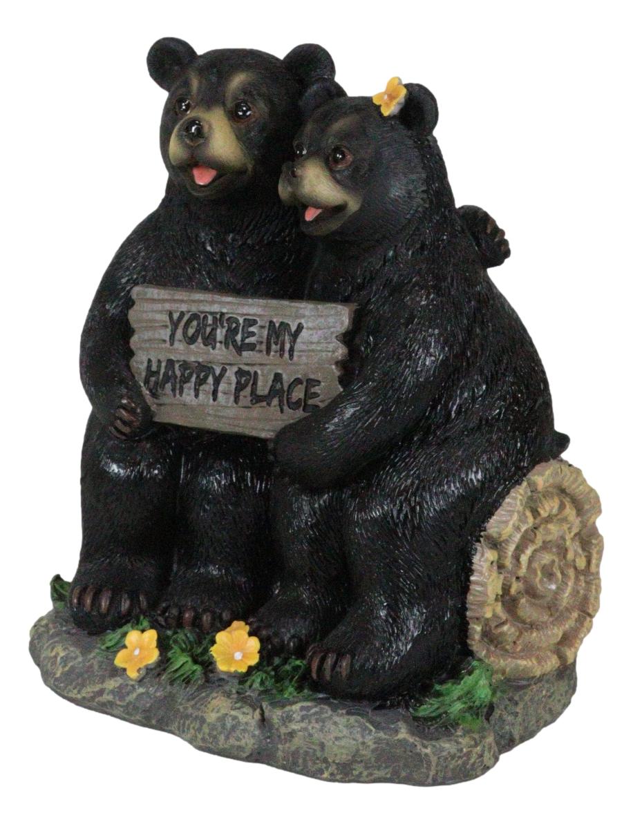 Whimsical Black Bears Couple On Tree Log You're My Happy Place Sign Figurine