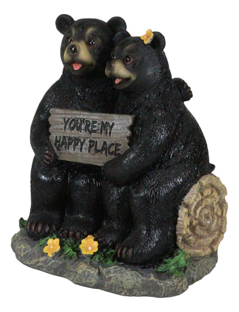 Whimsical Black Bears Couple On Tree Log You're My Happy Place Sign Figurine