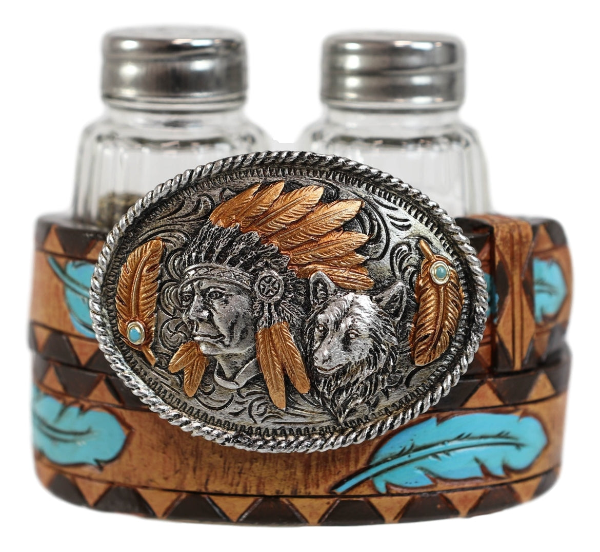Ebros Western Turquoise Sun & Floral Lace On Belt Buckle Salt Pepper Shakers Set