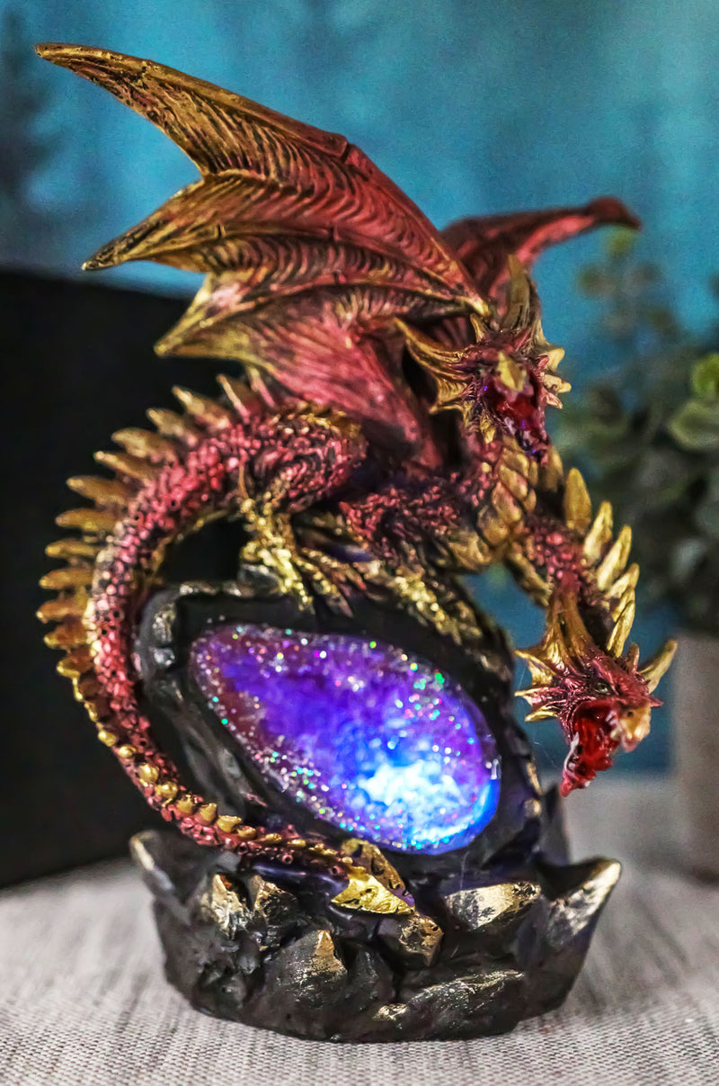 Red Meteor Volcano Hydra Dragon On Faux Quartz Geode Rock Cavern LED FIgurine