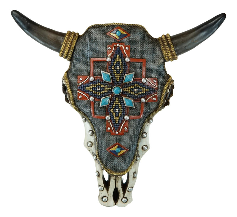 12" W Western Bejeweled Bull Bison Cow Skull With Denim Finish Wall Decor Plaque