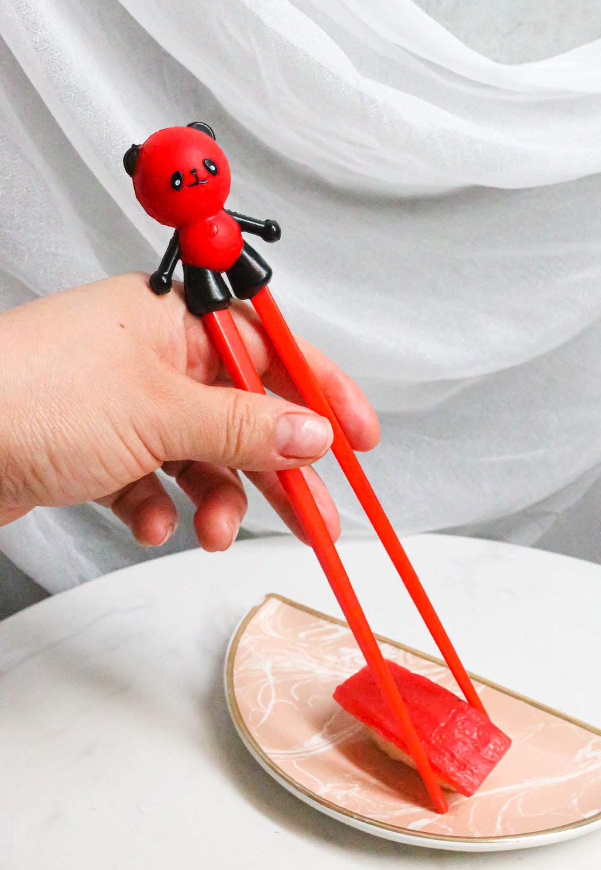 Valentine Red Giant Panda Reusable Training Chopsticks Set With Silicone Helper - Ebros Gift