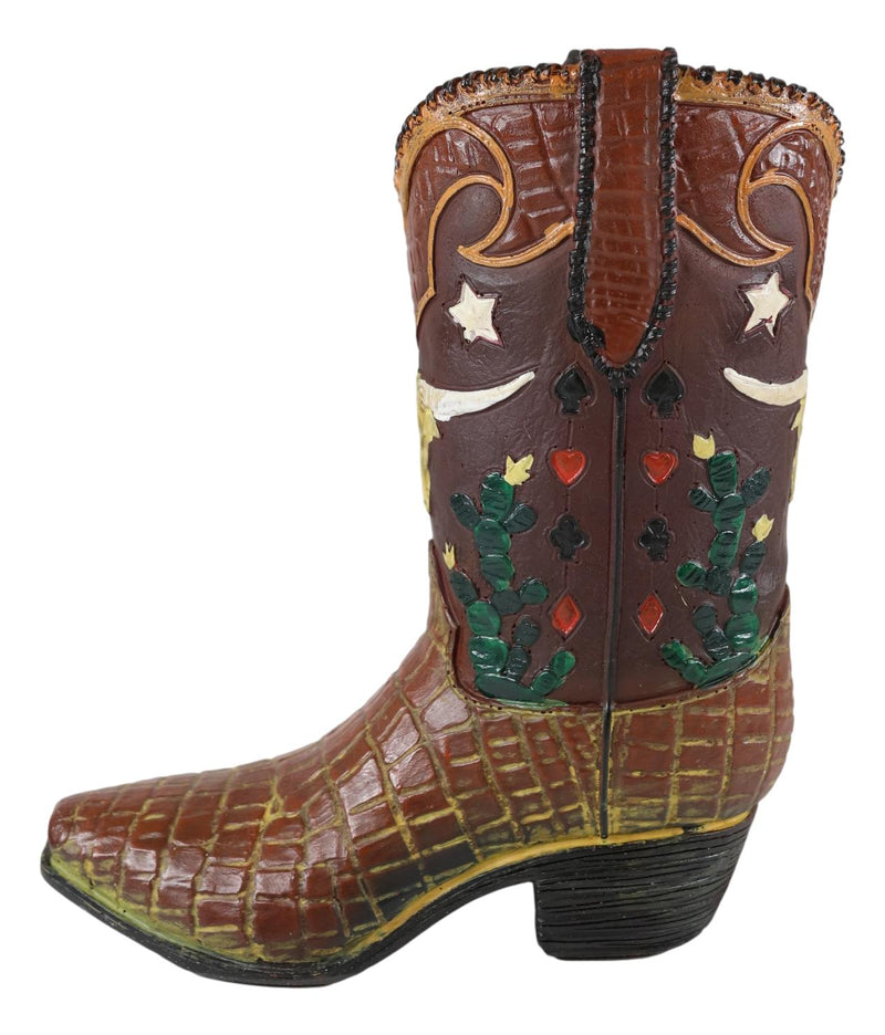 Rustic Western Texas Longhorn Faux Crocodile Prints Cowboy Boot Vase Figurine