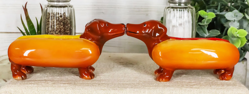 Hot Dog Sausage Ketchup Mustard Dachshunds Ceramic Salt & Pepper Shakers Set