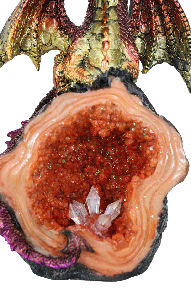 Metallic Red Iridescent Dragon On Faux Geode Rock Quartz Crystal Cove Figurine